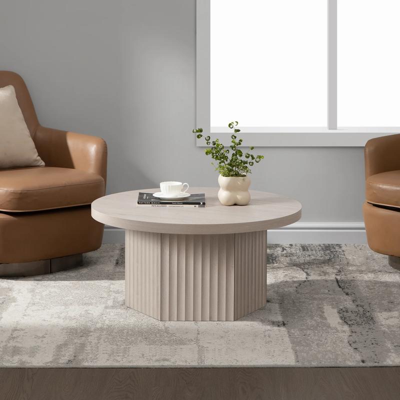 SICOTAS Round Coffee Table for Living Room, Modern Fluted Circle Center Coffee Table with Storage, 32" Accent Tea Dining Table for Apartment, Grey Alder