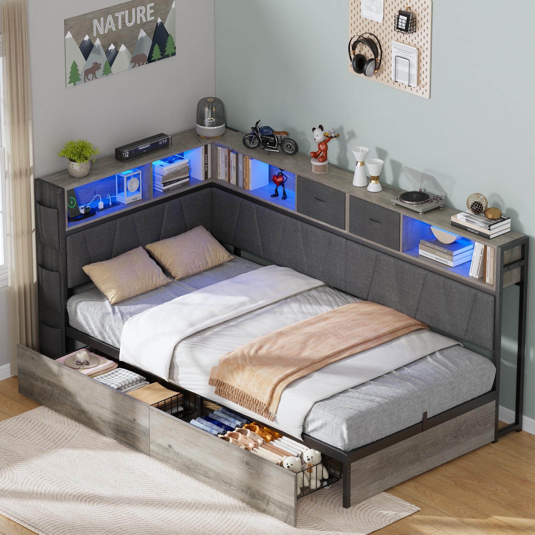 CollaredEagle Twin XL Corner Bed Frame with Storage Bookcase, Kids Bed Unit with Charging Station and LED Light, Twin Size Platform Beds with Storage and Charging Station, with 2 Underneath Drawers