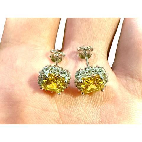 Cushion Cut 9.9mm Citrine and White Topaz Halo 925 Sterling Silver Stud Earrings