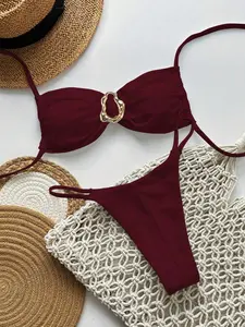 Swim Vcay Springbreak Women's Solid Color Strapless Tie-Up Metal Decor Sexy Bikini Set For Summer Beach Vacation