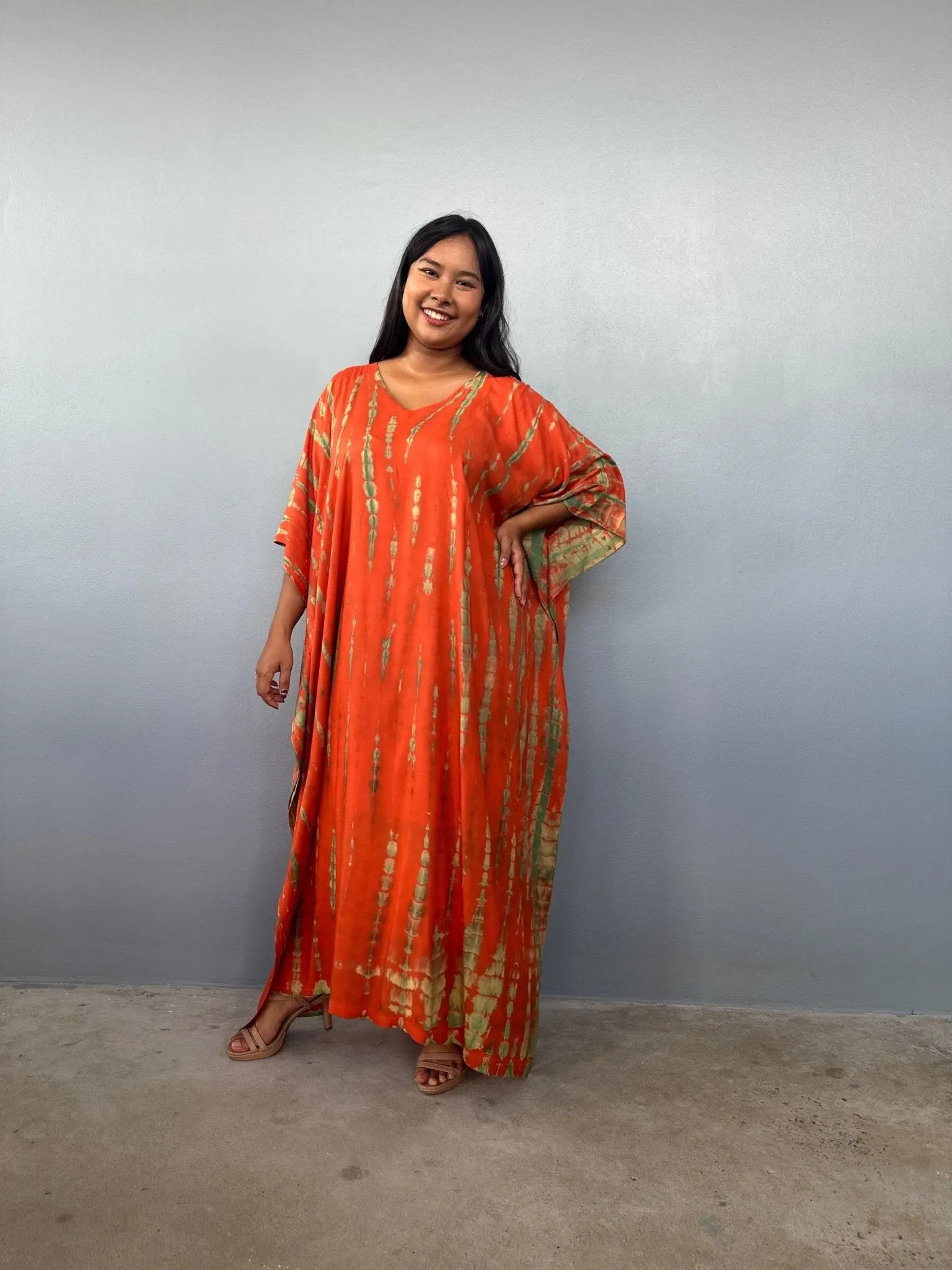 Women's Orange Tie-Dye Kaftan Dress, Casual Long Relaxed Fit Beach Cover-Up with V-Neck, Side Slits, and Boat Back