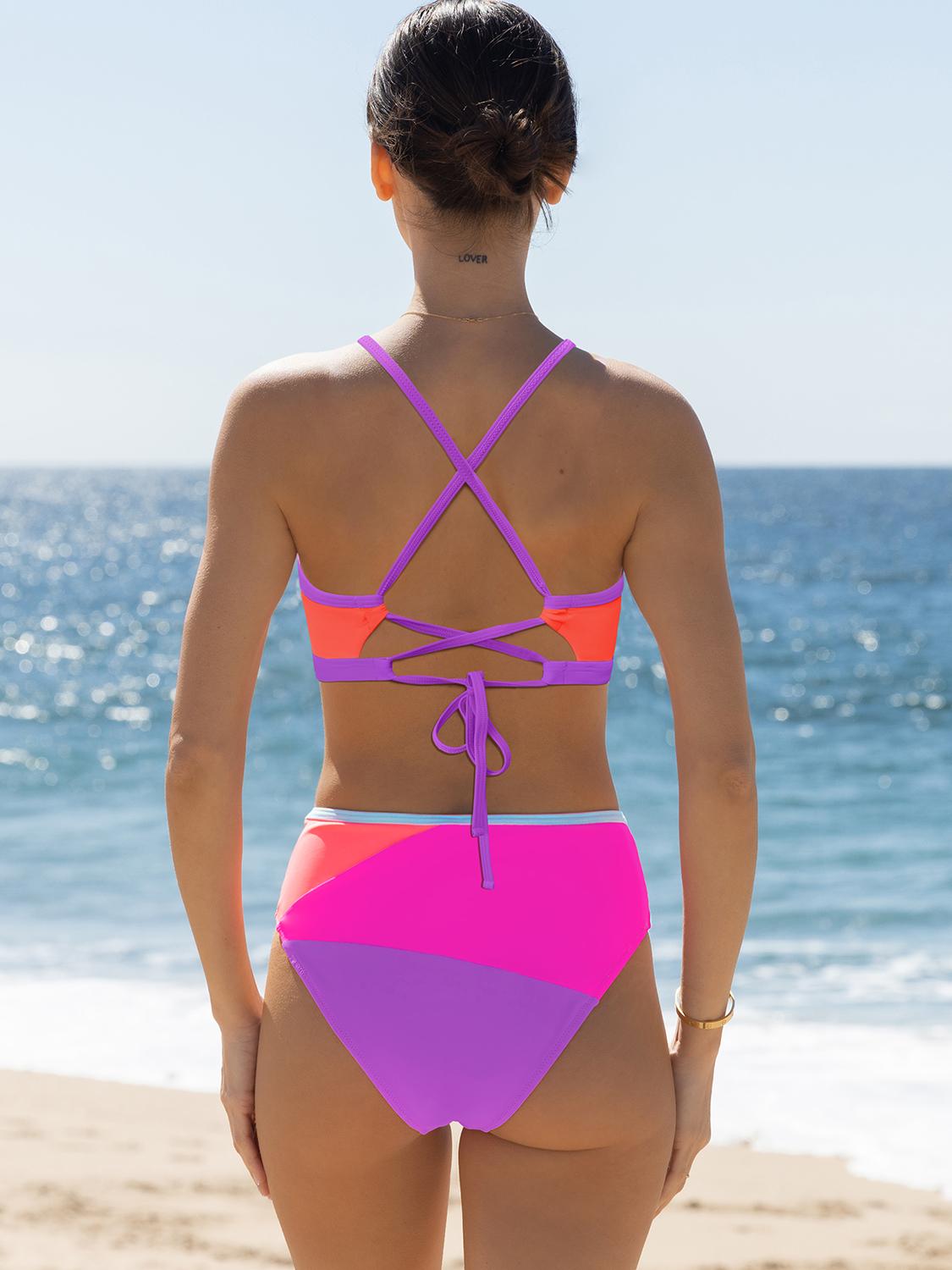 Popvil 【Built-in Pads】V-cut High Waisted Neon Bikini Set,Tummy Control Color Block Swimsuit for Women, Neon Bathing Suit with Adjustable Strap and Built-in Pads