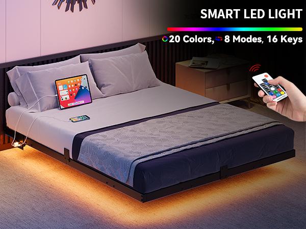 Yitahome Floating Bed Frame Full/Queen/King Size, LED Bed Frame with Charging Station, Metal Platform Full Bed with Heavy Duty Steel Slats Supports, No Box Spring Needed, Easy Assembly
