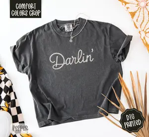 Faux Pearl Darlin' Cropped Comfort Colors Tee, Trendy Tshirt for Women