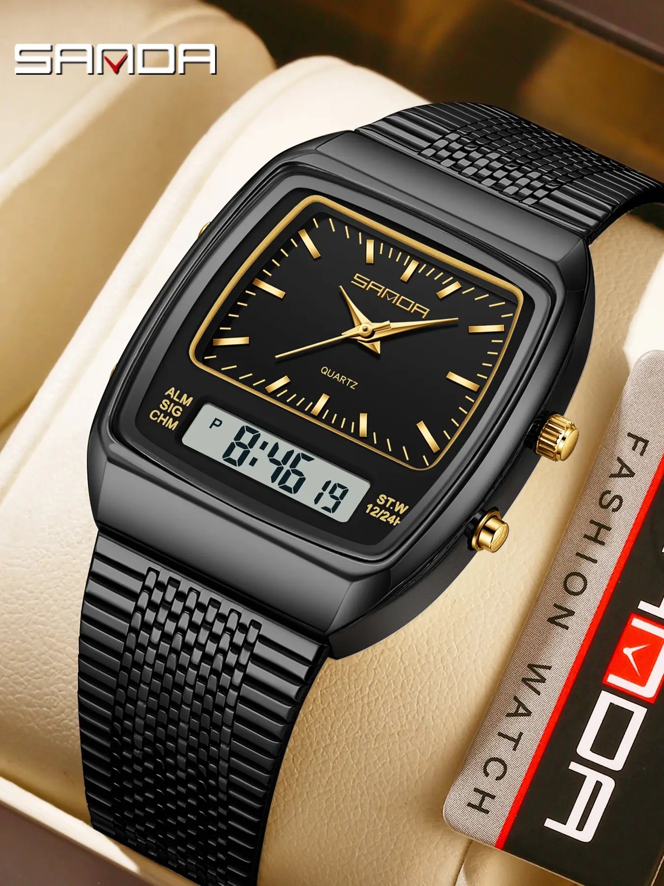 Three-Da Cross-Border Classic Steel Band Electronic Watch, Multifunctional Waterproof Wristwatch, Wine Barrel Three-Time Zone Alarm Clock, Digital Watch, Fashionable Waterproof Watch, Water Resistant Wristwatch, Stylish Watch