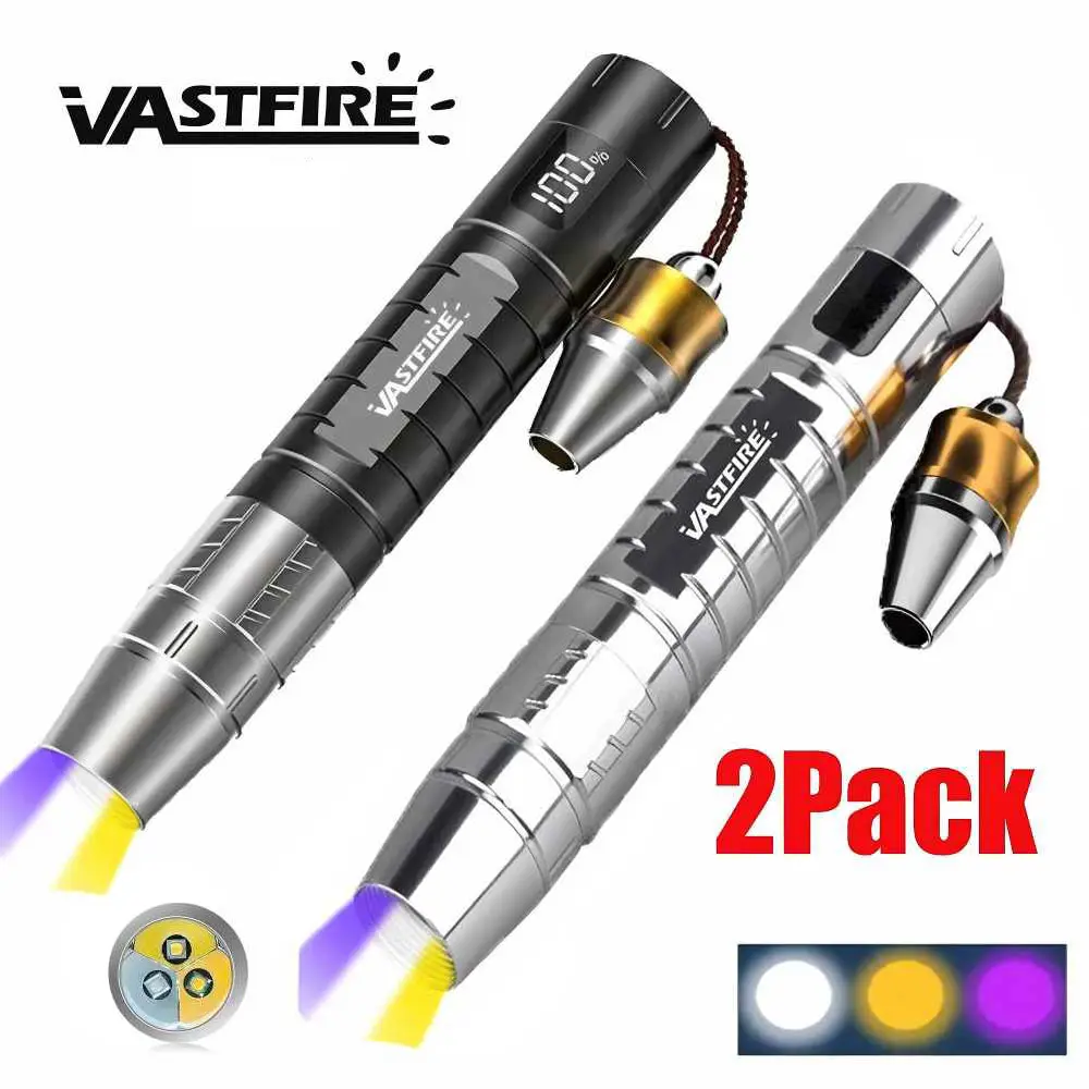 VASTFIRE Dual Pack High Performance Flashlights - Adjustable 3-in-1 USB Rechargeable UV Lamp (365nm), White/Yellow Lamps, 18650 Lithium Ion Batteries, Type-C Cable, Lightweight Pocket Mini Torches for Jade, Antiques (Business Use)