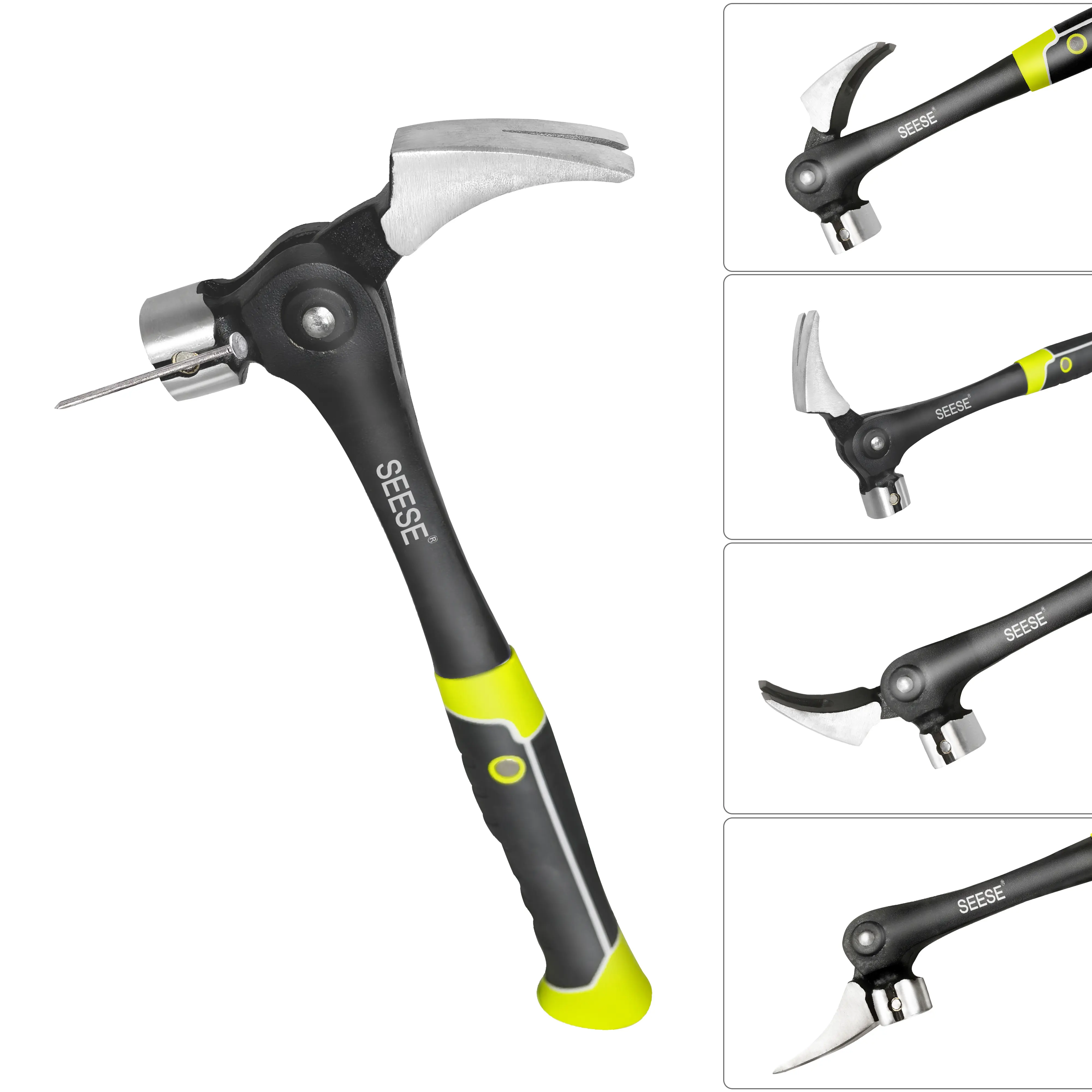 SEESE 16oz Claw Hammer with Magnetic Nail Starter,Indexing Rip Claw,Forged Steel Head,Shock-Absorbing TPR Grip,Heavy Duty Framing & DIY Tool