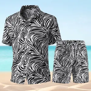 Vibrant Summer Cool and Comfortable Men's Shirt Shorts Set Adorned with Iconic Zebra Stripe Theme on Button Up Shirt and Shorts, Featuring Vibrant Orange Blossoms and Contrasting Leaf Details for Outstanding Beach and Casual Wear