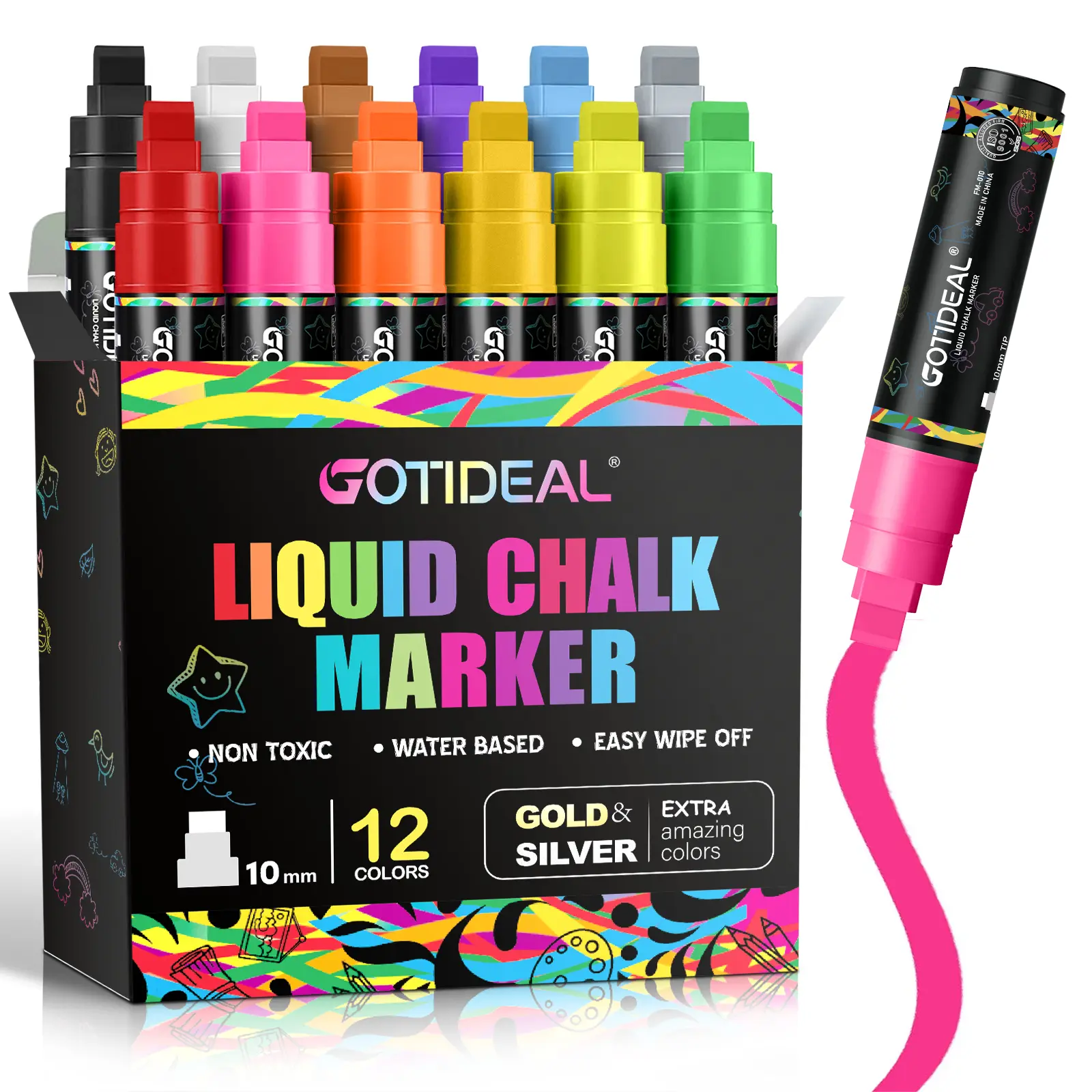 GOTIDEAL Jumbo Chalk Markers, 12 Vibrant Colors, 10mm Tips, Non-Toxic Water-Based, Easy Wipe-Off, Boxed Assortment Markers & Highlighters for Blackboard, Mirror & Glass Use, Holiday Decor,back to school,back to school haul