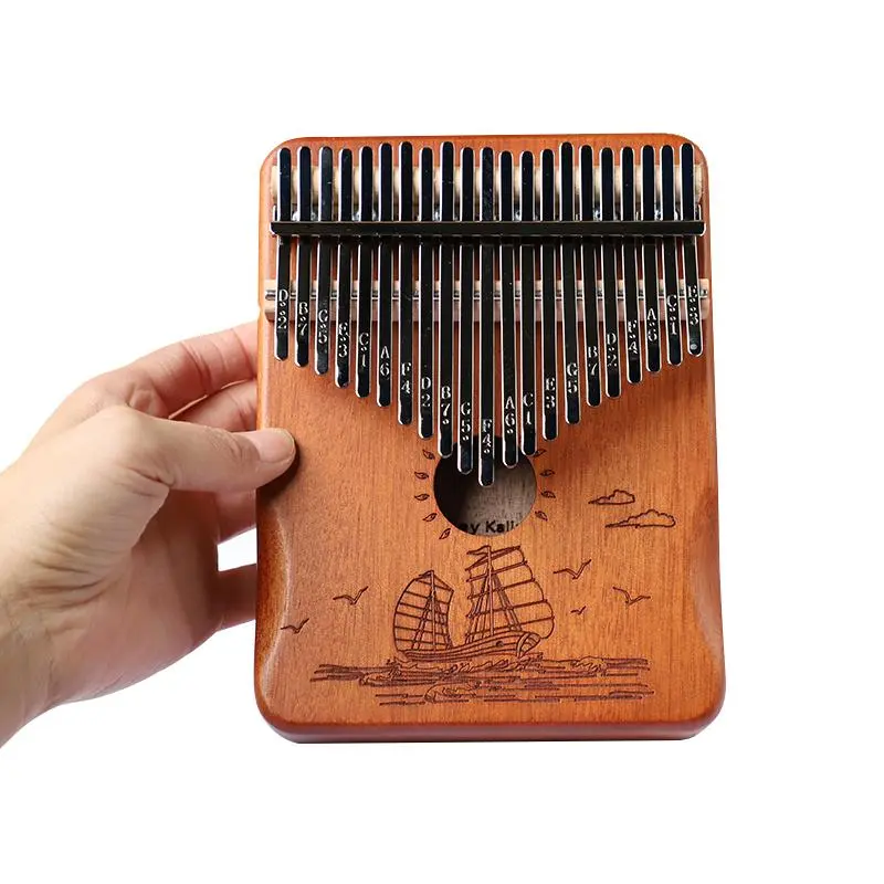 21 Key Kalimba Thumb Piano, Sailboat & Sea Pattern Finger Piano with Tuning Hammer, Portable Wooden, Acoustic Musical Instrument for Beginners