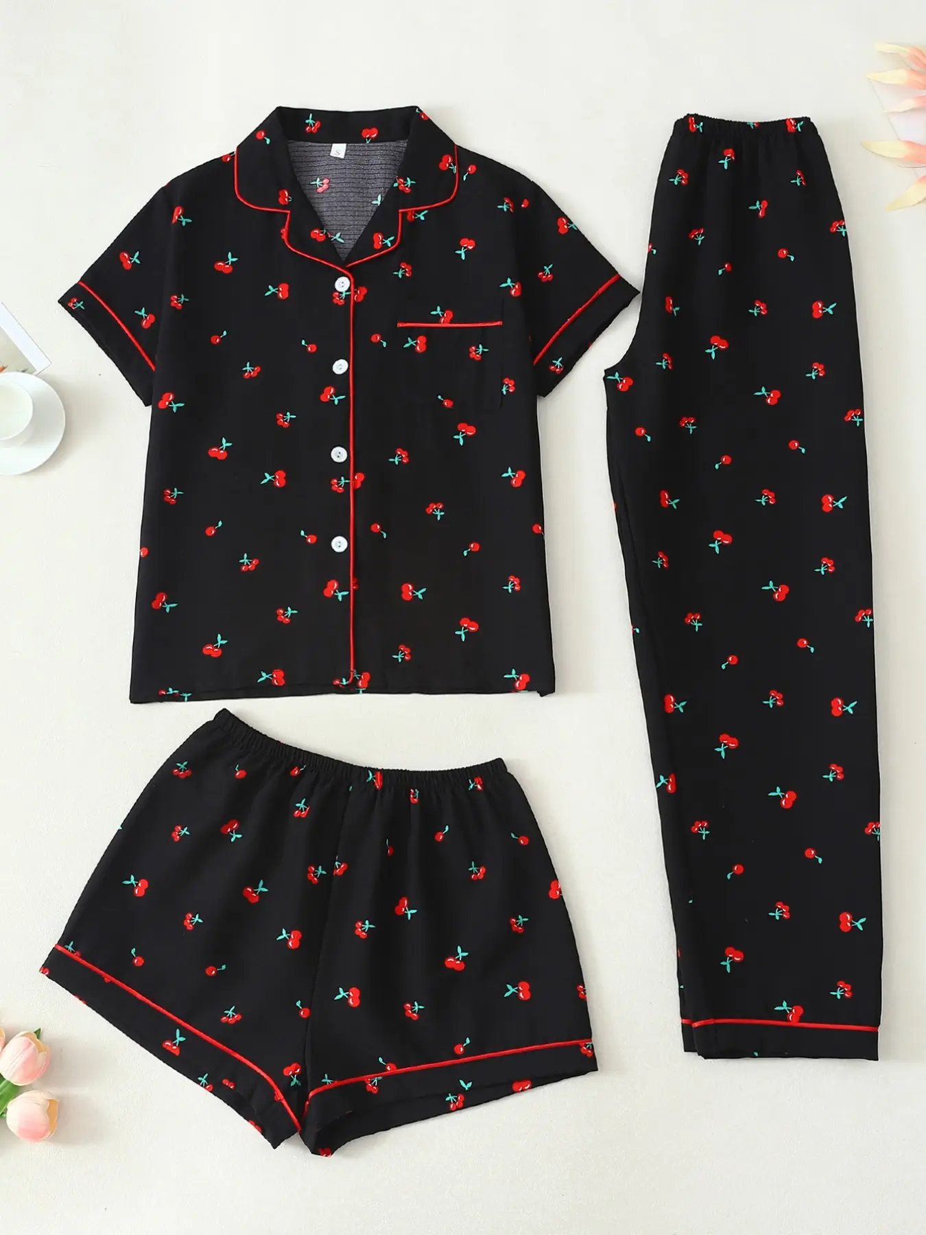 Women's Sleepwear Set, Short Sleeve Cardigan Top + Shorts + Pants, Cherry Print, Casual Fitted Style, All Seasons, Pajama Set, Pyjamas