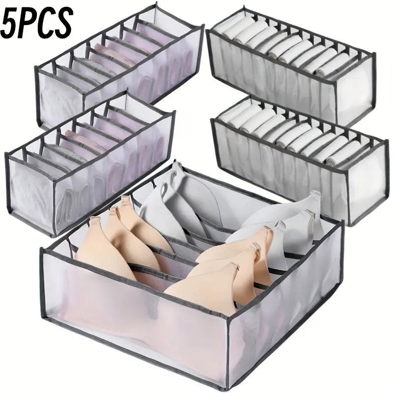5-piece foldable grid drawer storage box, multifunctional breathable underwear, Bra and socks storage box, multi-compartment design, space-saving wardrobe finishing artifact, ladies fashion accessories clothing storage box, solid color mesh, Woman