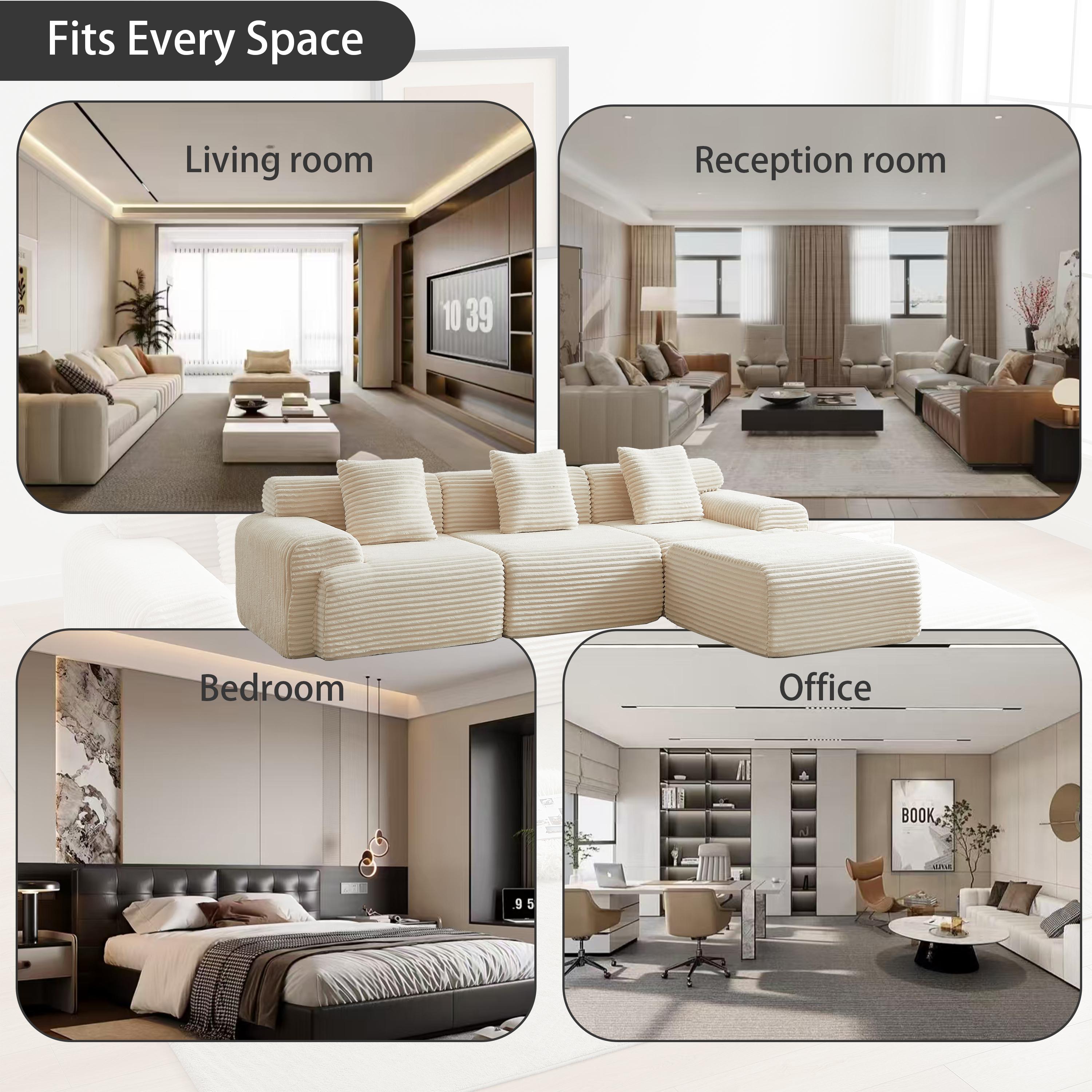 Niccae 114-inch Corduroy Modular Sofa Boneless couch, Featuring an Inlaid Structural Design, three throw pillows, Wider backrest design and Four Freely Configurable Modules.