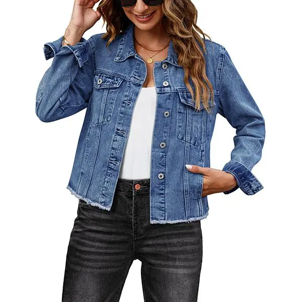 Luvamia Women's Denim Jacket Distressed Jean Button Up Vintage Western Trucker Frayed Hem Pockets Casual Coats Collared Long Sleeves Soft Denim Material Outerwear,back to school,back to school shopping