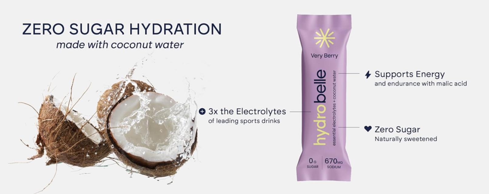 HydroBelle Electrolyte Sticks - Zero Sugar Coconut Water Powder, 32 Sticks, Vegan, Keto-Friendly, Natural Hydration for Fitness & Daily Wellness