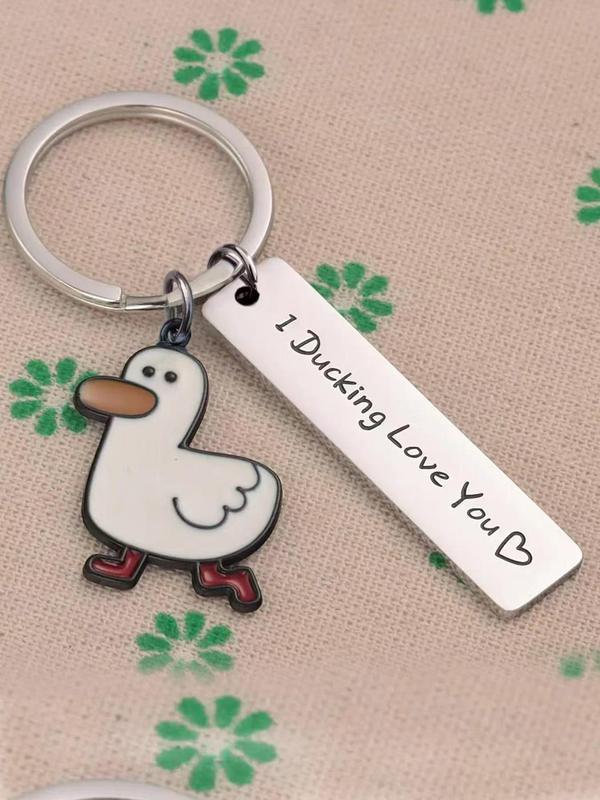Cute cartoon duck stainless steel keychain, fashionable letter carved slogan metal keychain, backpack crossbody bag decoration, cute accessories, couple gifts, creative gifts