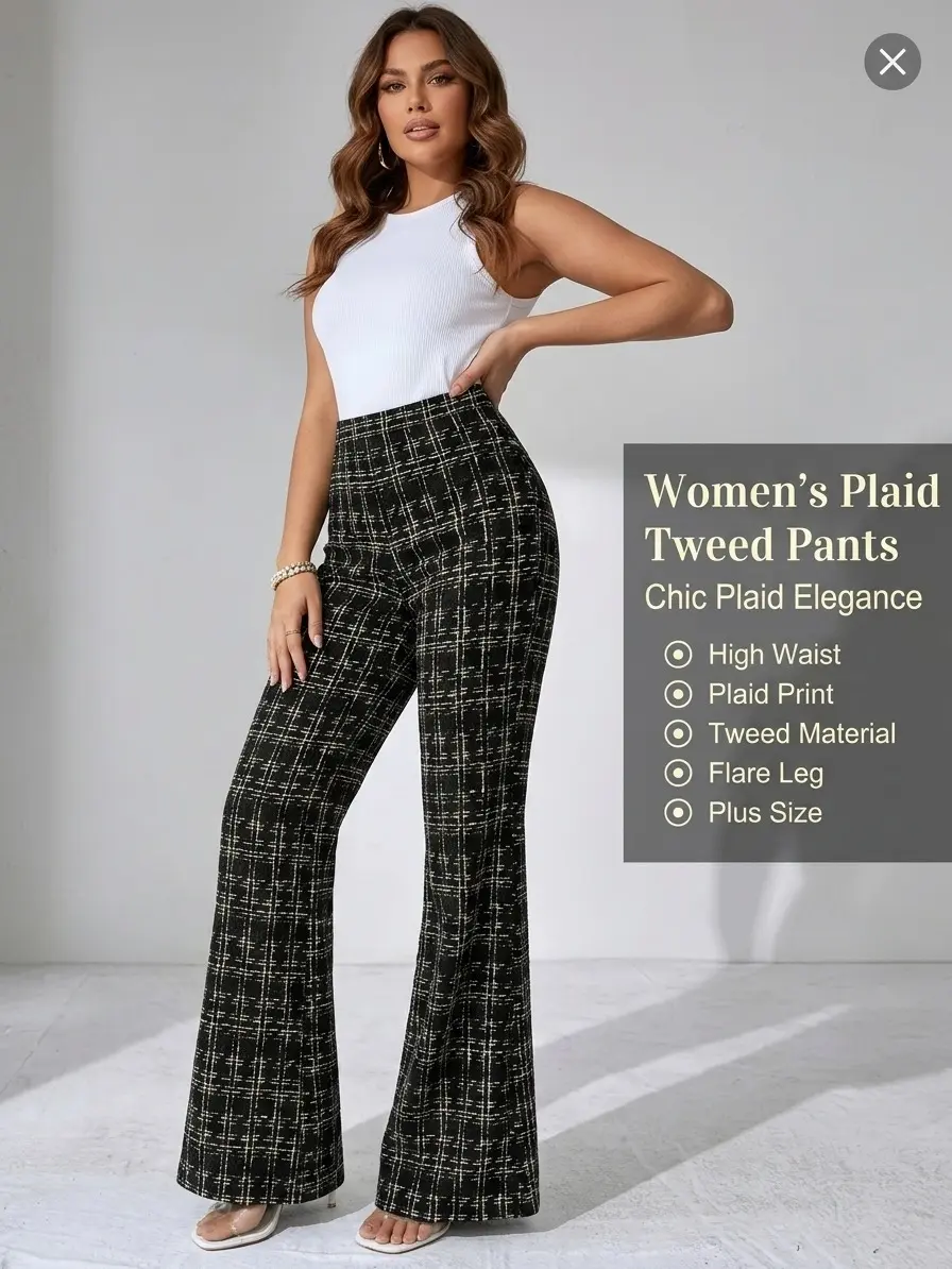 CQQNBV Women's Plus Size Plaid Print Tweed High-Waisted Straight-Leg Chic Casual Retro Outdoor Comfortable Long Pants
