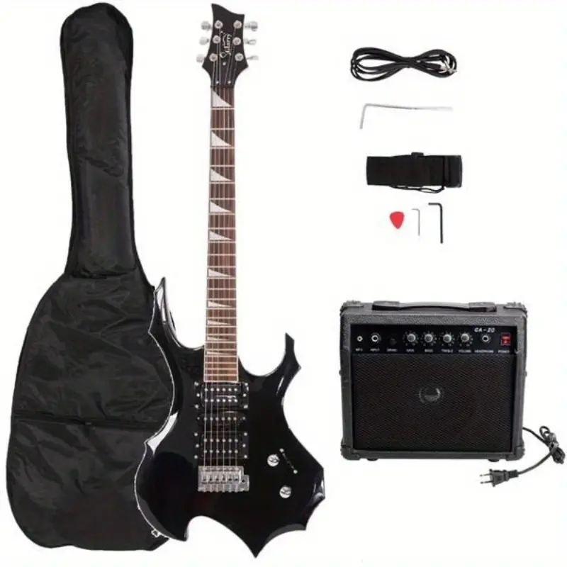 Black Flame-Shaped Electric Guitar Kit with HSH Pickup, Adjustable Guitar Strap, Carry Bag, Picks, Snake Cable, Wrench Tool, Mini Combo Amplifier - Novice Musical Instruments & Gear Accessories, Mini Combo Amp Guitars & Gear Accessories