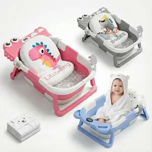 MoreFeel Collapsible Baby Bathtub for Infants to Toddler with Real-time Temp Monitor Floating Cushion Foldable Baby Bath Tub Set Applicable 0-36 Month Swing Seat Cute Newborn