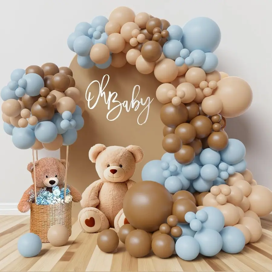 108pcs Round Teddy Bear Theme Balloon Arch Kit - Blue Brown Garland with Decor, Includes Tie, for Boy Birthday, Baby Shower & Multiple Events (Home/Festive Party Supplies), Boy Reveal Ready