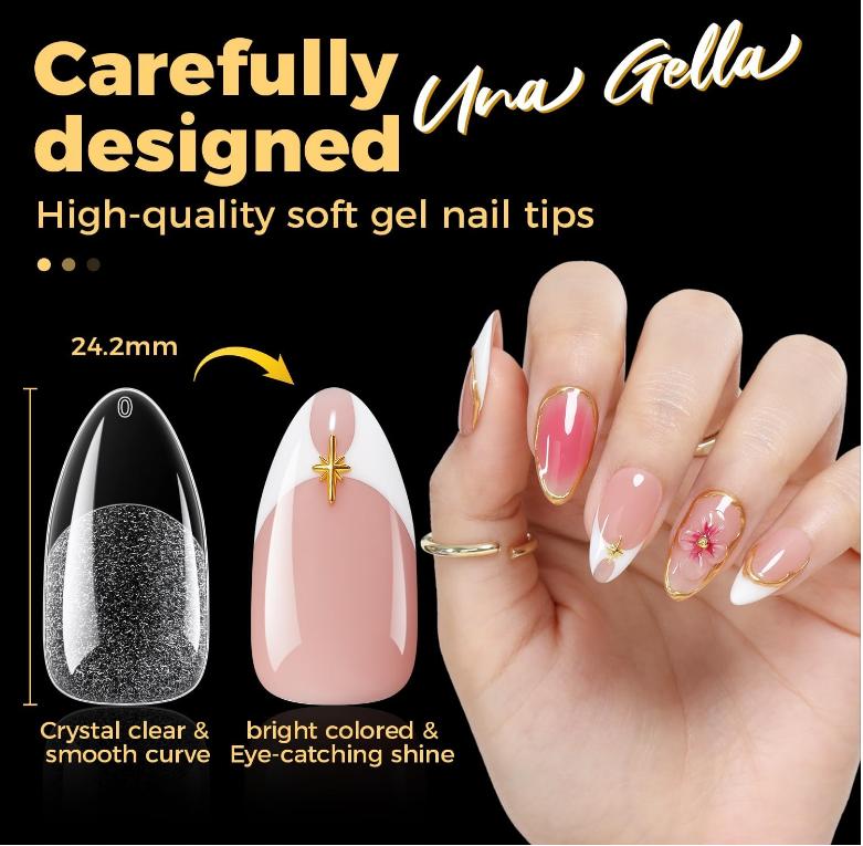 UNA GELLA Almond Gel Nail Tips 600 Pcs Pre Etched Medium Almond Shaped Nails Full Cover Press On Nails 12 Sizes Clear Fake Soft Gel Tips for Flat & Curved Nail Bed Extension Home DIY Salon