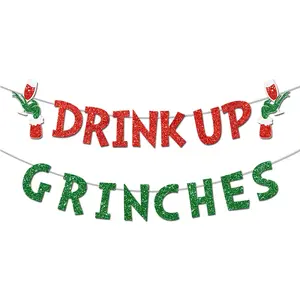 "Drink Up Grinches" Glitter Banner, Holiday Party Garland for Home Decor and Photo Props
