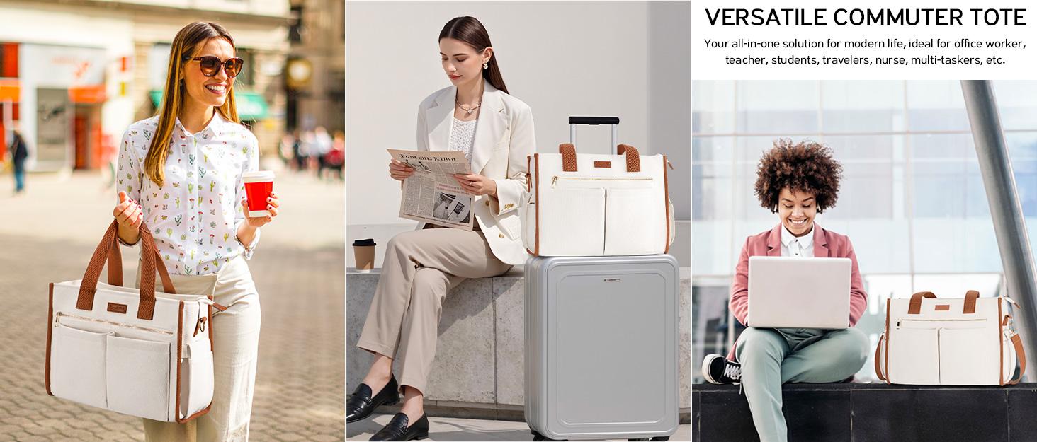 Bagstellar Canvas Tote Bag for Women, Large Work Travel Tote Bags With 9 Pocket & Zipper College Bible Laptop Bag Crossbody Handbag