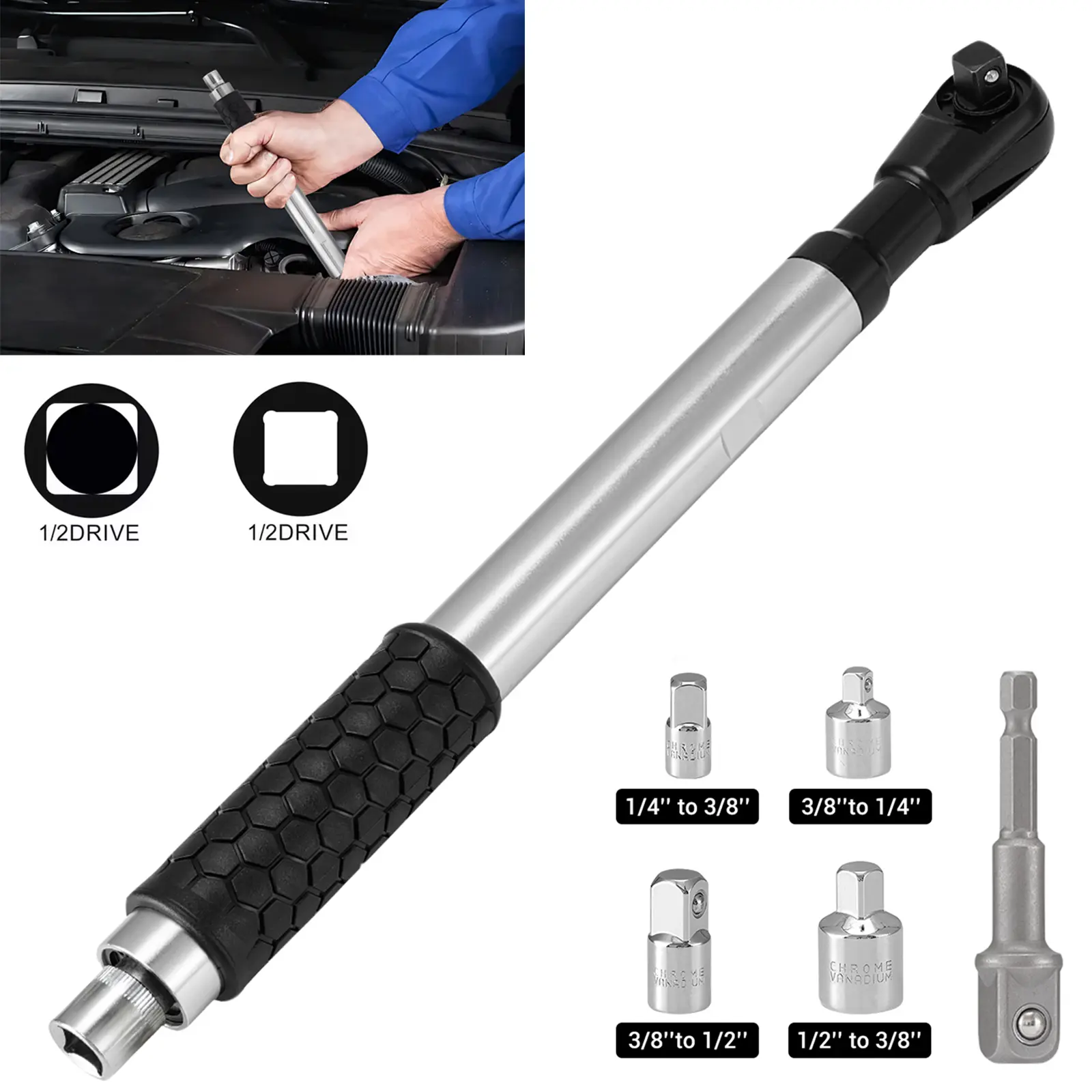 1/2" Offset Extension Wrench for Electric Drills - High Torque Impact Ratchet Adapter with Socket & Drill Adapters SET