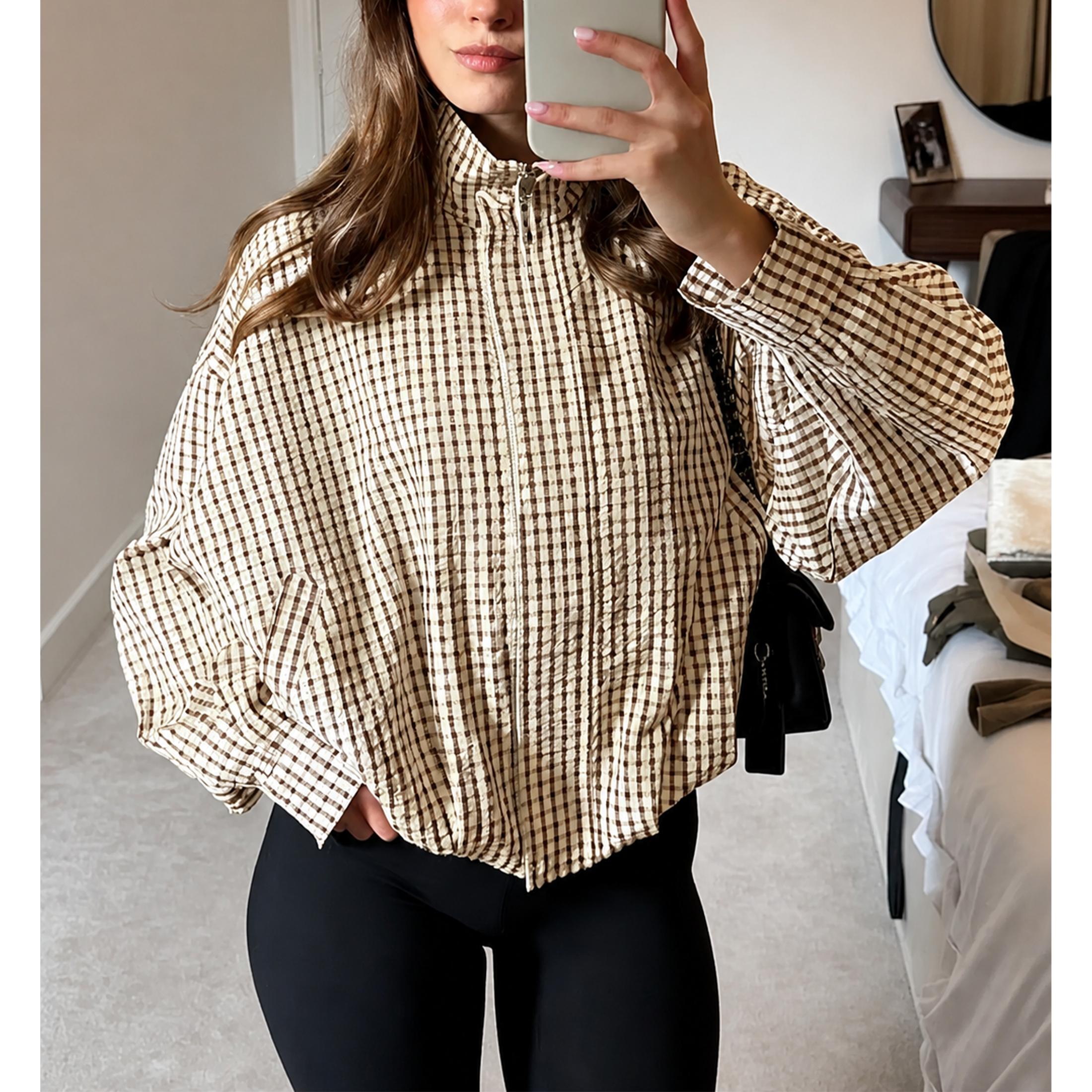 Wandal Women Stand High Neck Gingham Blouse, Oversized Balloon Long Sleeve Vintage Checkered Shirt, Loose Casual Woven Plaid Top