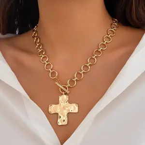 gifts for gf | Pulse Trace Layered Cross Pendant Necklace, Unisex Hammered Bold Cross Design, Vintage Toggle Clasp Cross Jewelry valentine gold chunky cross necklace statement woman anniversary birthday valentine gift trendy everyday wear perfect gift