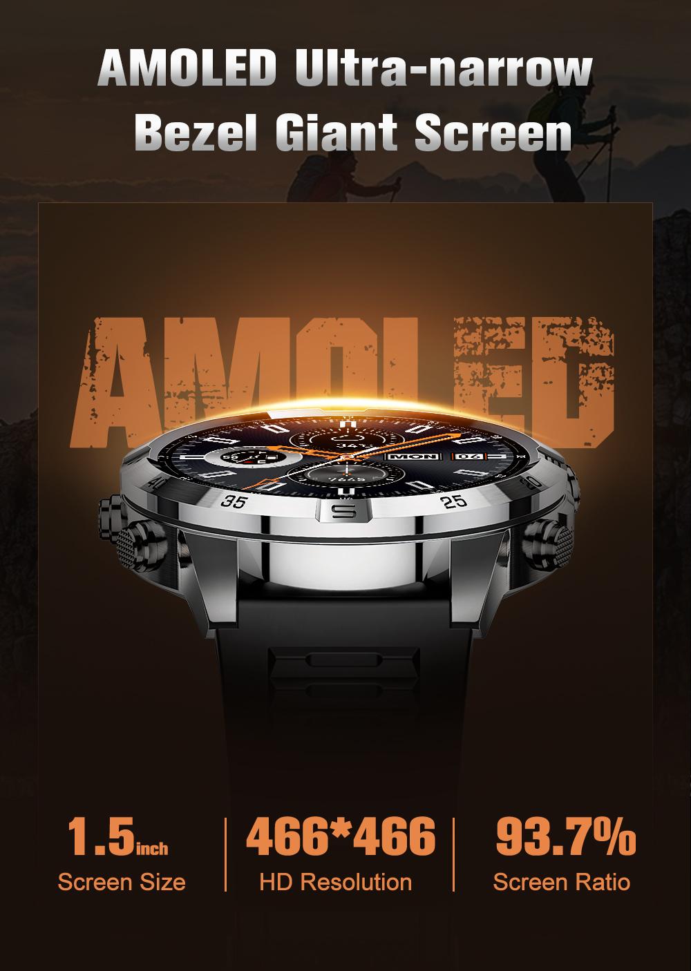 Aolon GT6 Pro Spring rugged outdoor smartwatch with 1.51" AMOLED display, LED flashlight & precision compass. Bluetooth calling, heart rate & fitness tracking, 5-button control, 500mAh battery up to 60 days, 1ATM & IP68 water-resistant.