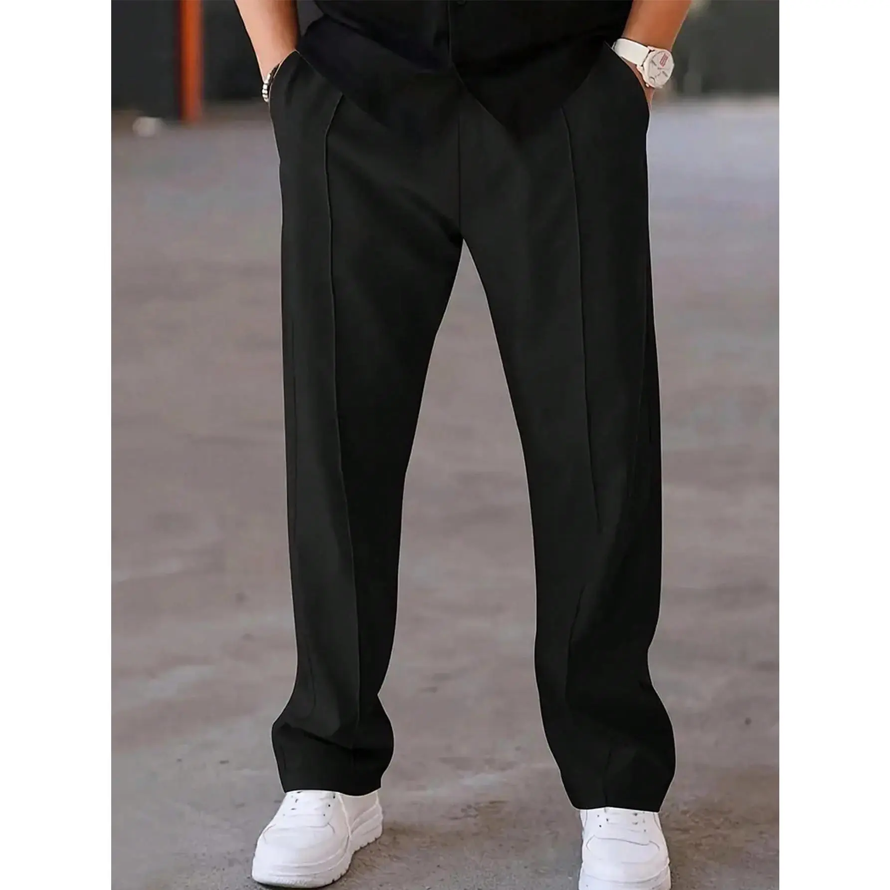 Men's Plus Size Straight Leg Tech Pants, Solid Wrinkle-Free Trousers with an Elastic Waist, Quick-Dry for Office Streetwear, Elastic Waist Band, Casual, Menswear, Plain, Fabric, Wide Leg, Date Night, Mid Waist
