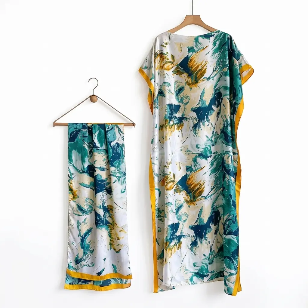 Women's 3-Piece Fashion Print Long Robe Set - Casual Woven Fabric Lady Casual Wear, Matching Moomoo Dress, Scarf Headband Accessory, Beach Sun Protection All-Season Clothes