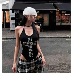 Bodysuits Women Criss Halter Sexy Slim Fashion Grunge Gothic Vintage Y2k Aesthetic Harajuku Rompers Jumpsuits