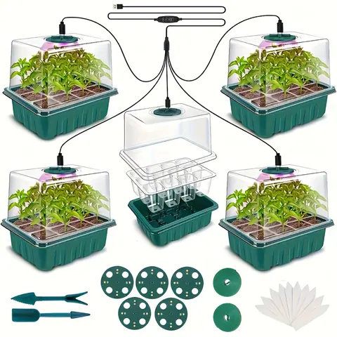 Plastic 5-Pack Seedling Germination Kit (Garden Supplies for Beginners), 40-Cell Capacity, Digital Timer, Adjustable LED Grow Light, Full-Sun Simulation, Humidity Dome, Ventilated Top, Indoor Greenhouse System