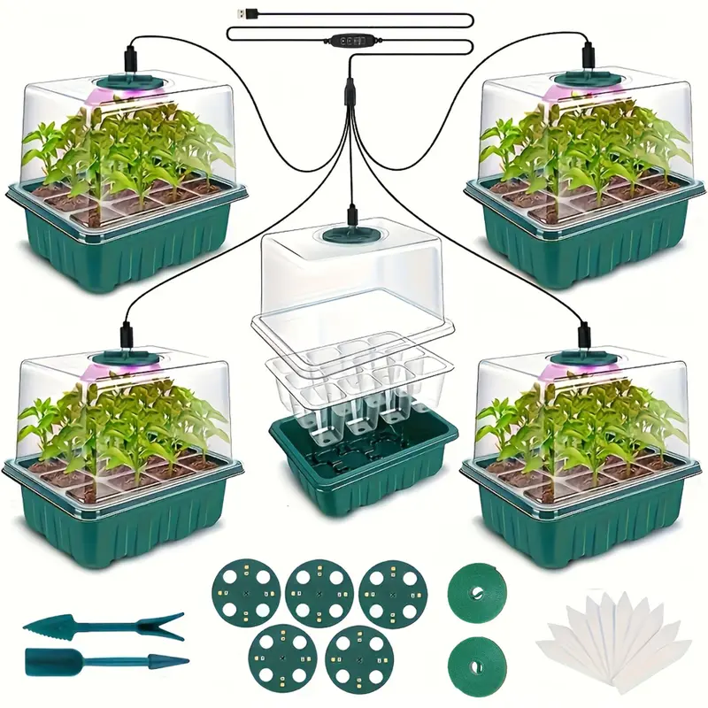Plastic 5-Pack Seedling Germination Kit (Garden Supplies for Beginners), 40-Cell Capacity, Digital Timer, Adjustable LED Grow Light, Full-Sun Simulation, Humidity Dome, Ventilated Top, Indoor Greenhouse System