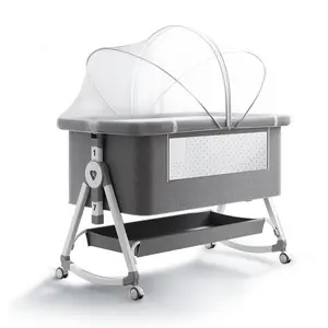 Baby Bedside Bassinet with Mosquito Net, Gray, Rocking Cradle with Wheels, Height Adjustable, Storage Basket