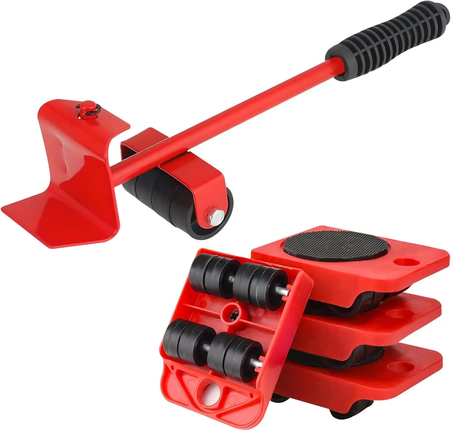 Huakaile Heavy Duty Furniture Movers Tool Set - 1x Iron & ABS Lifter, 4x Dollies with ABS Handles, 1322 Lbs Load Capacity, 8 Plastic Adjustable Appliance Rollers for Table, Refrigerator (Red)