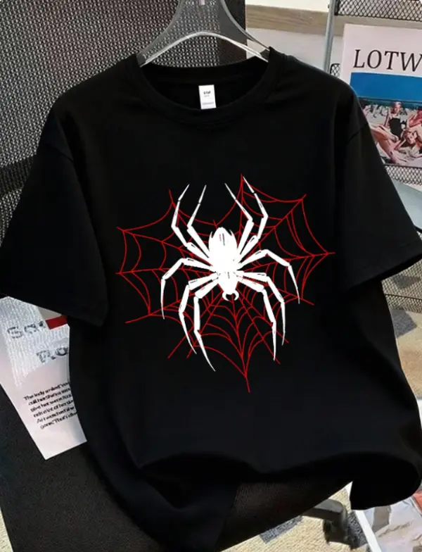 Streetwear Lover Unisex Summer Oversize Cotton Tee White Spider Red Web Dark Punk Print For Grunge Hip Hop Urban Daily Outfits Soft Breathable Heat Transfer Loose Fit