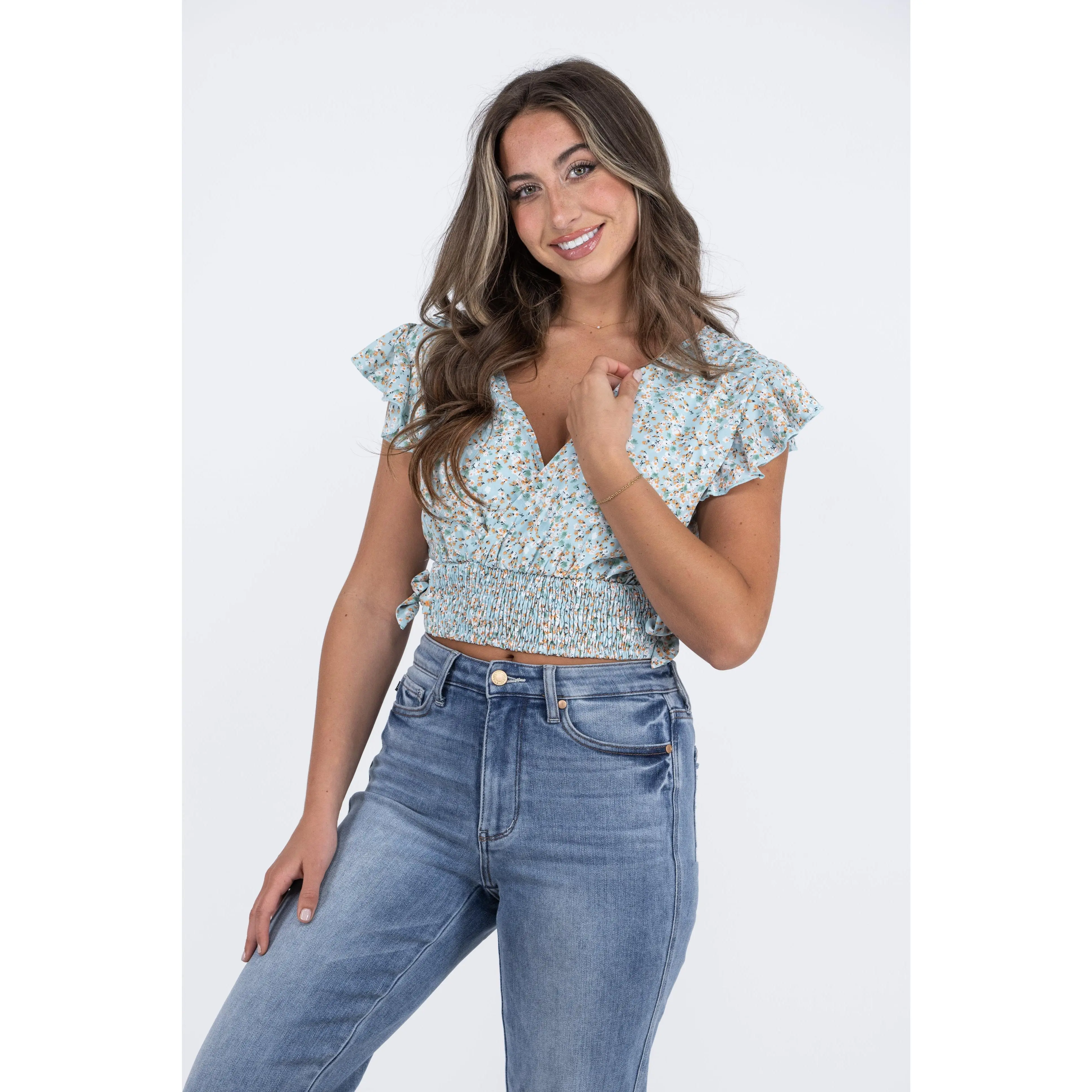 Add To Cart Women's V-Neckline Ribbed Hem Crop Short Sleeve Top