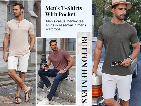 COOFANDY Men's Casual Henley Shirts Short Sleeve Pocket T-Shirts Lightweight Button Henley Pullover Basic Tees