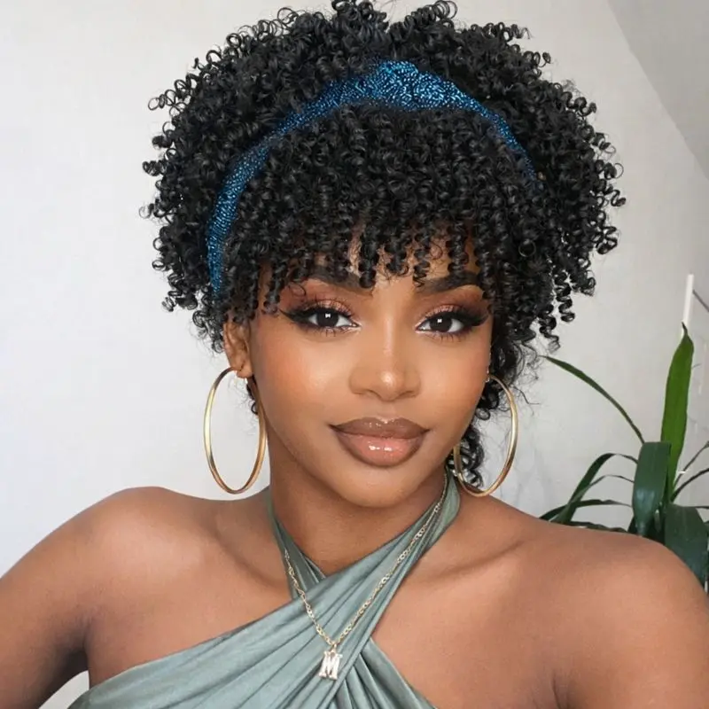 8inch Afro Kinky Curly Headband Wig Short Black Afro Wigs for Black Women Synthetic Kinky Curly Headband Wig with Bangs for Women Natural Afro Puff with Bangs Turban Wrap Wig Dreadlock Wigs Drawstring Wig