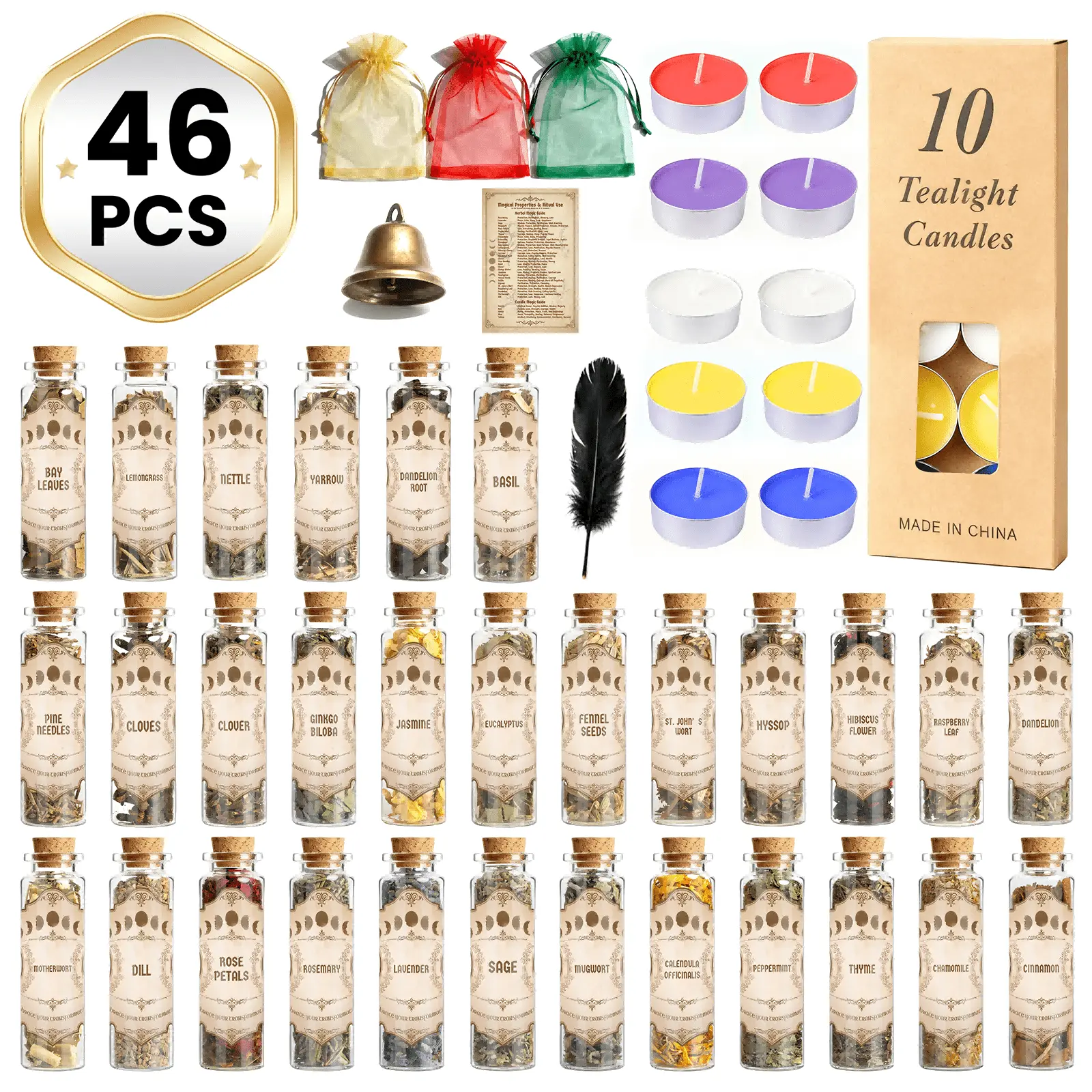 46-Pack Floral Witchcraft Dried Herbs & Flowers Aroma Gift-Ready Kit for Beginners - 30 Herb Bottles, 10 Colorful Candles, 3 Fragrance Sachets, Feather, Bell, Spell Parchments, Beginner Guide Book, Incense Making Altar Supplies for Home & Festive Use