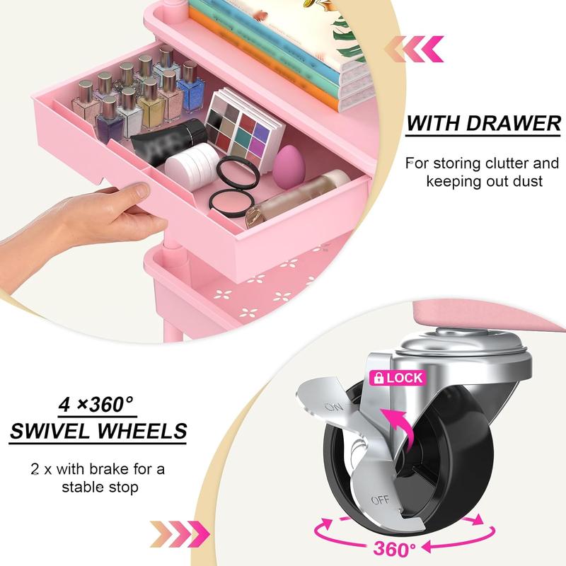 VANCASTLE 3/4 Tier Rolling Utility Cart Organizer with Removable Drawer - Sturdy Rolling Storage Cart with 2 Lockable Wheels for Bathroom, Kitchen, Snack, Craft, Makeup, and Baby Essentials White Racks bathroom organizer garage accessories