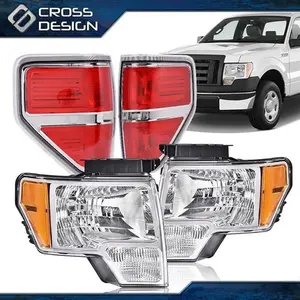 CROSSDESIGN Clear Headlights & Red Tail Brake Lights Lamp Set Fit For 09-14 Ford F150 Pickup
