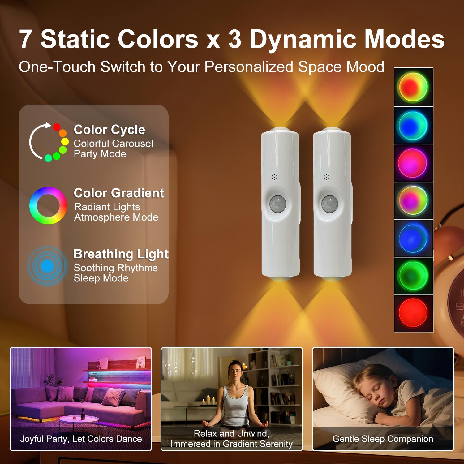 2Pcs Smart Rechargeable LED Night Light with Motion Sensor – RGB Gradient Ambient Lighting, Dimmable Wall Lamp, Magnetic & Stick-On Design, USB Convenient Charging, Long-Lasting Battery, Perfect for Halloween Decor, Bedroom, Stairs, Hallway & Entryway