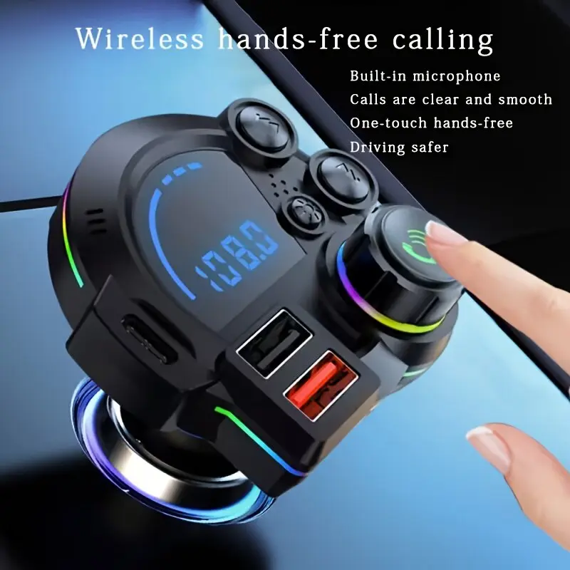 PD 20W Type-C Bluetooth 5.3 FM Transmitter Car Charger with Ambient Lighting, LED Display, HD Bluetooth, Dual USB Ports, Bass Enhancer, RGB Glow, Hands-Free Calls, 12V-24V Bluetooth Car Adapter, Road Trip Essentials