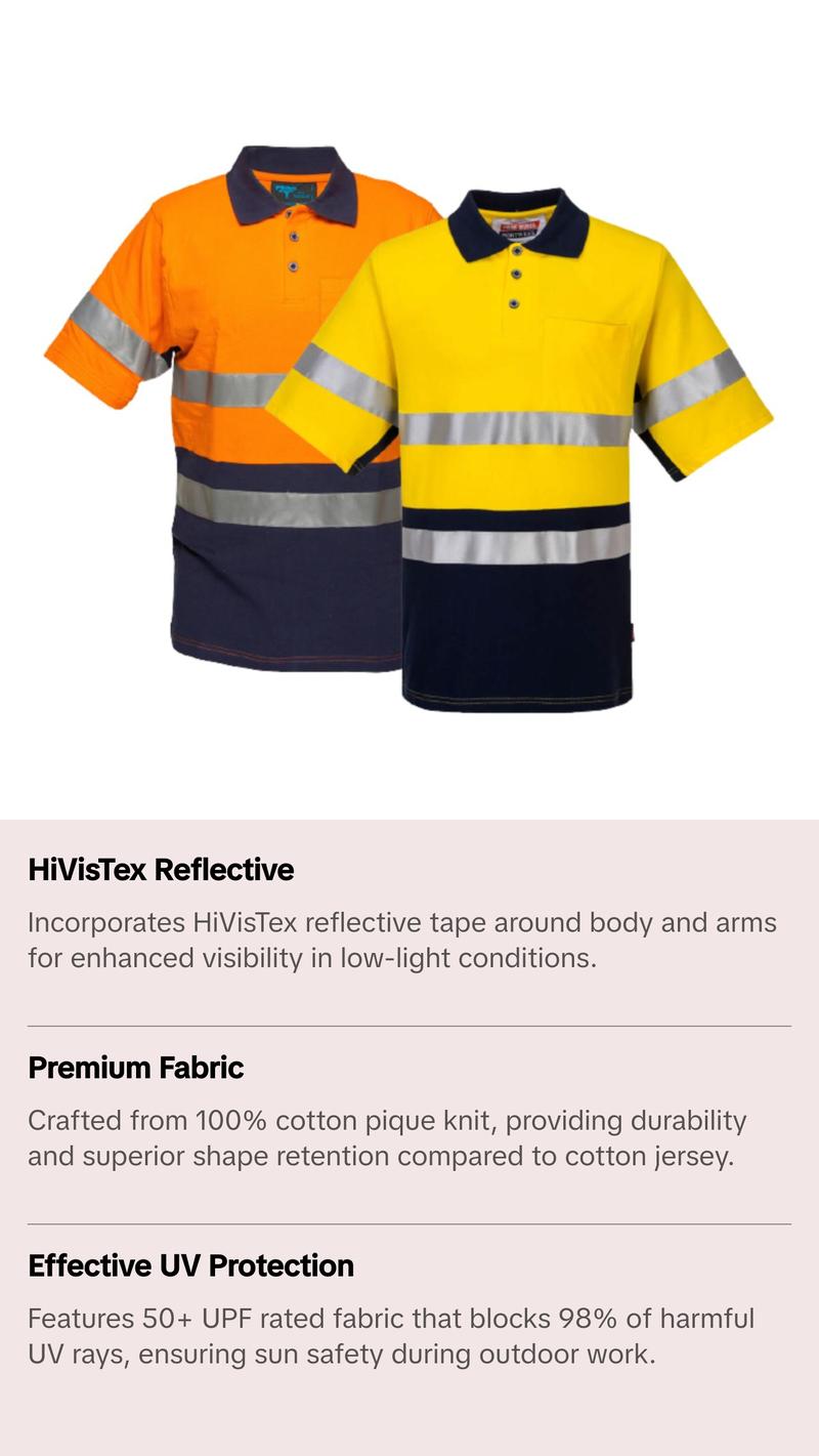 Portwest Short Sleeve Cotton Pique Polo with Tape HiVisTex Reflective Work MP618