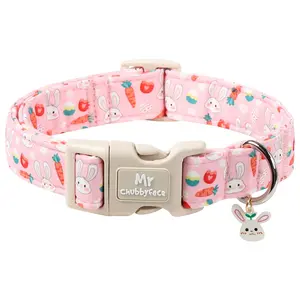 Mr.Chubbyface Cute Pink Easter Dog Collar, Adjustable Rabbit Pattern Puppy Collar, Cotton Pet Collar with Quick-Release Buckle for Small to Large Dogs