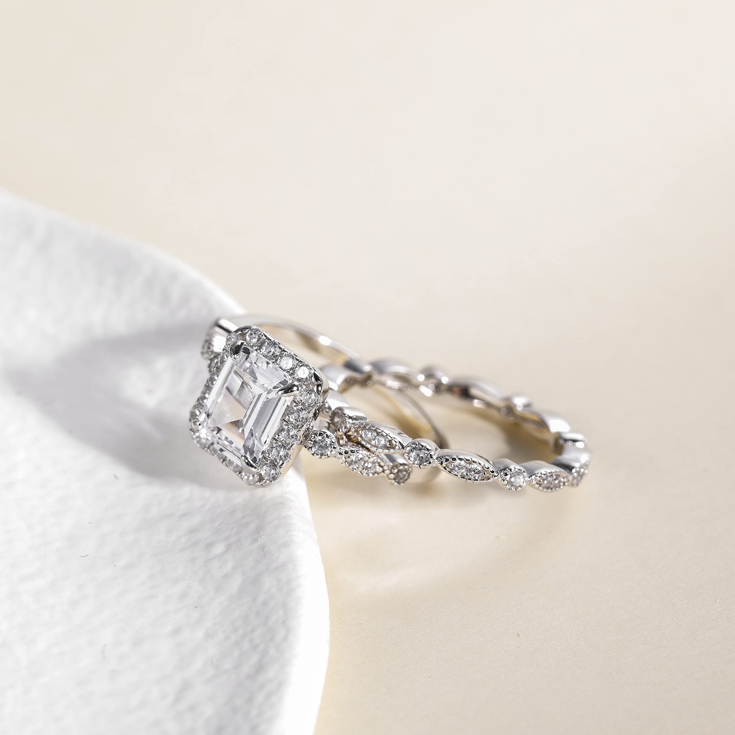 EAMTI 2CT 925 Sterling Silver Bridal Ring Sets Emerald Cut CZ Engagement Vintage Rings Marquise Wedding Bands for Women